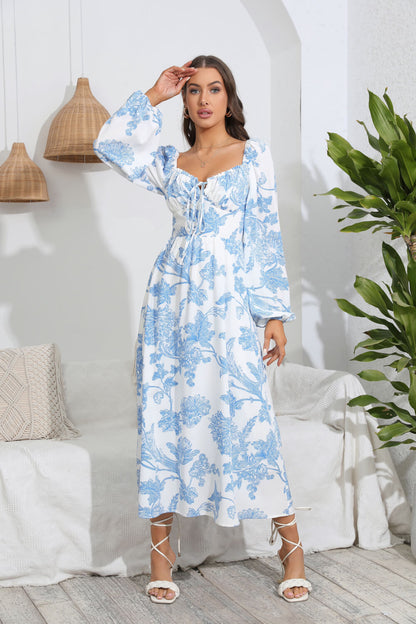 Floral Tie Front Sweetheart Neck Midi Dress-Angel Casuals