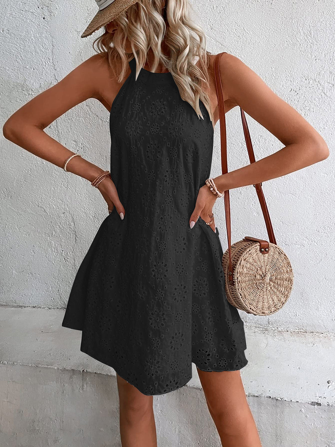 Eyelet Grecian Neck Mini Dress-Angel Casuals