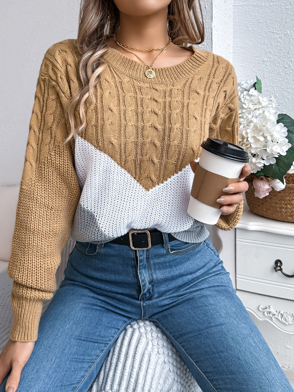 Cable-Knit Color Block Round Neck Sweater-Angel Casuals