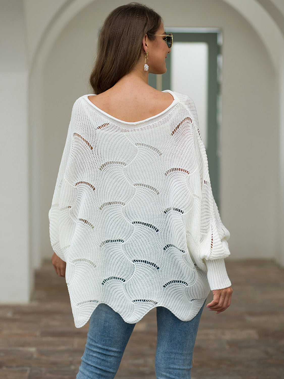 Full Size Boat Neck Lantern Sleeve Openwork Knit Top-Angel Casuals