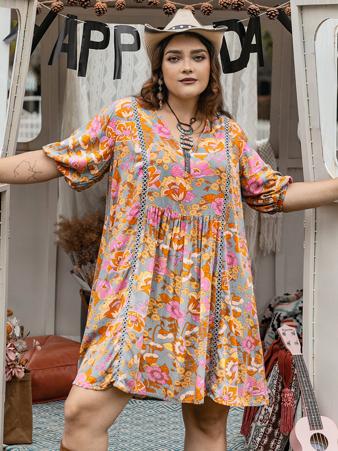 Plus Size Ruched Printed Half Sleeve Mini Dress-Angel Casuals