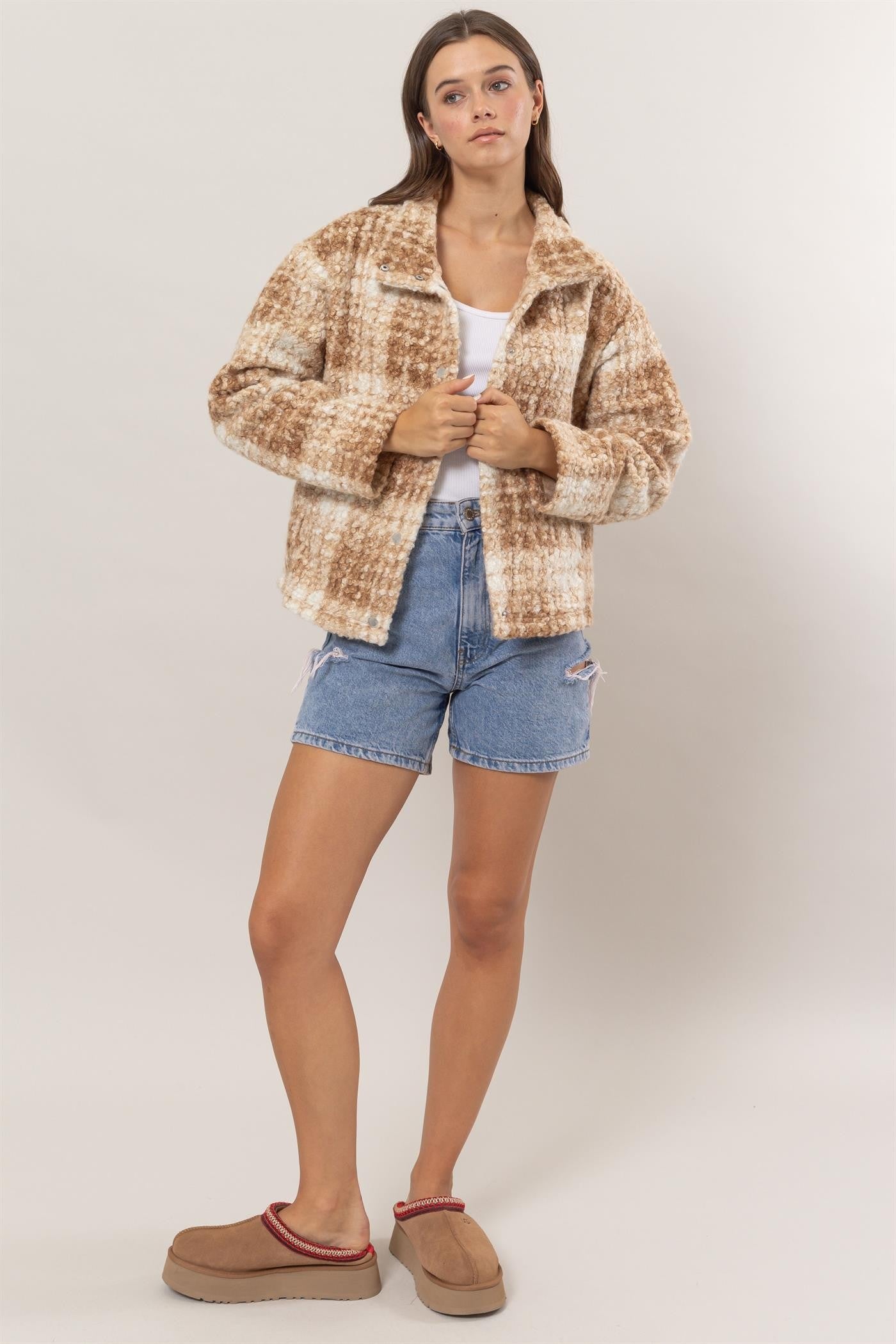 HYFVE Plaid Collared Neck Boucle Jacket with Pockets-Angel Casuals