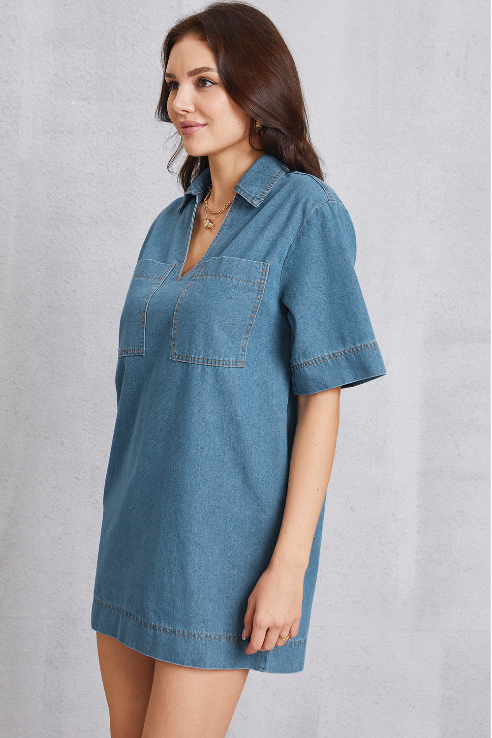 Pocketed Collared Neck Mini Denim Dress-Angel Casuals