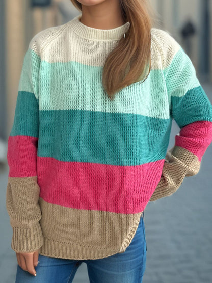 Color Block Round Neck Long Sleeve Sweater-Angel Casuals