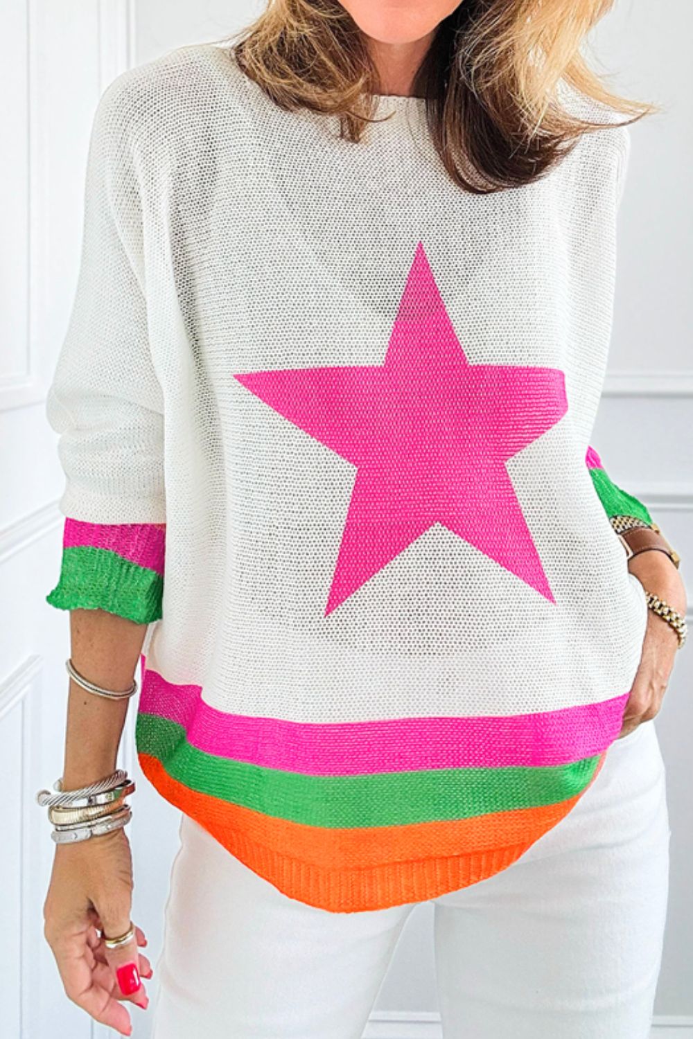 Star Contrast Round Neck Long Sleeve Knit Top-Angel Casuals