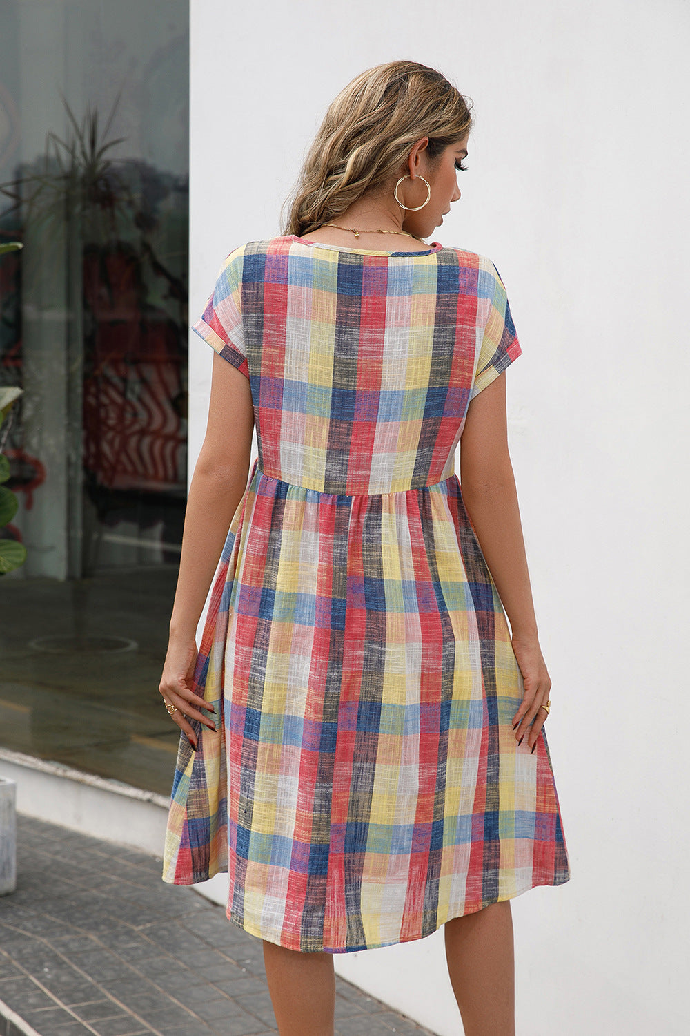 Plaid Round Neck Cap Sleeve Dress-Angel Casuals