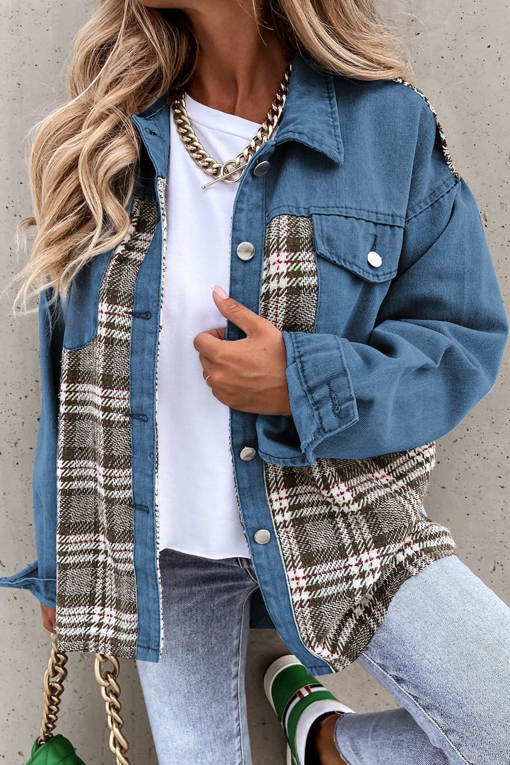 Plaid Pocketed Button Up Denim Jacket-Angel Casuals