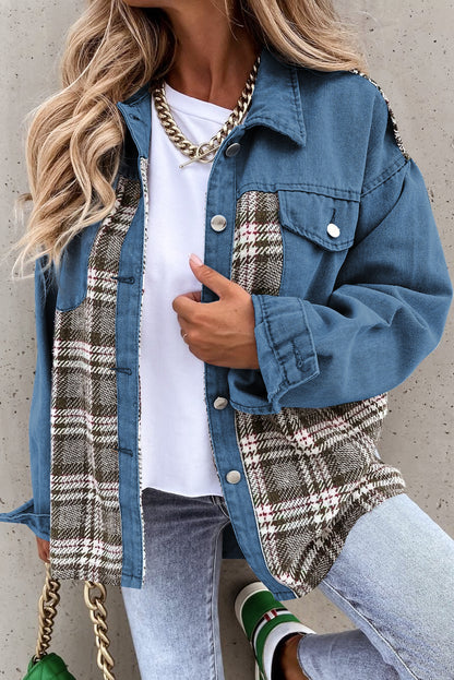 Plaid Pocketed Button Up Denim Jacket-Angel Casuals