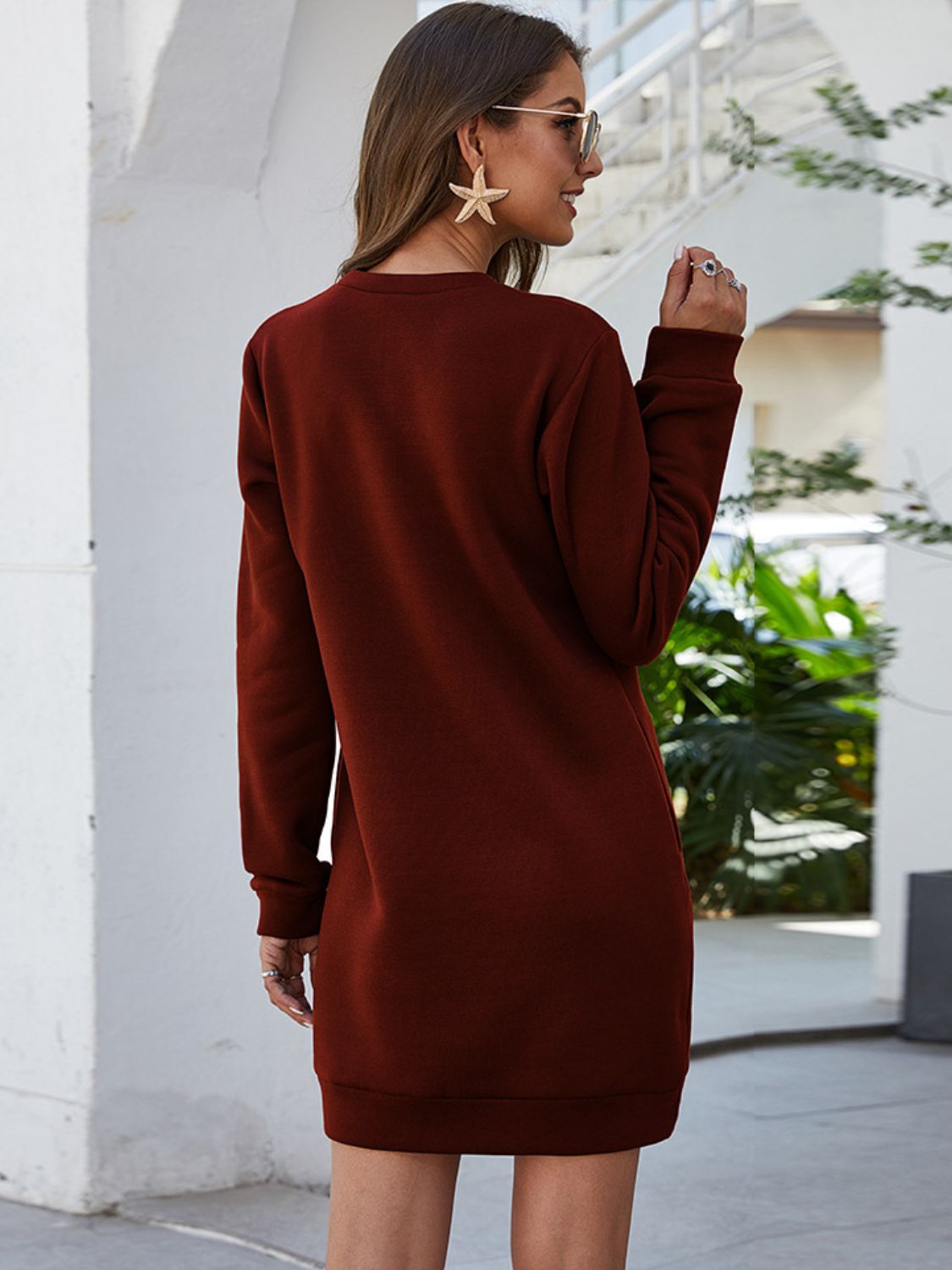 Round Neck Long Sleeve Mini Dress with Pockets-Angel Casuals
