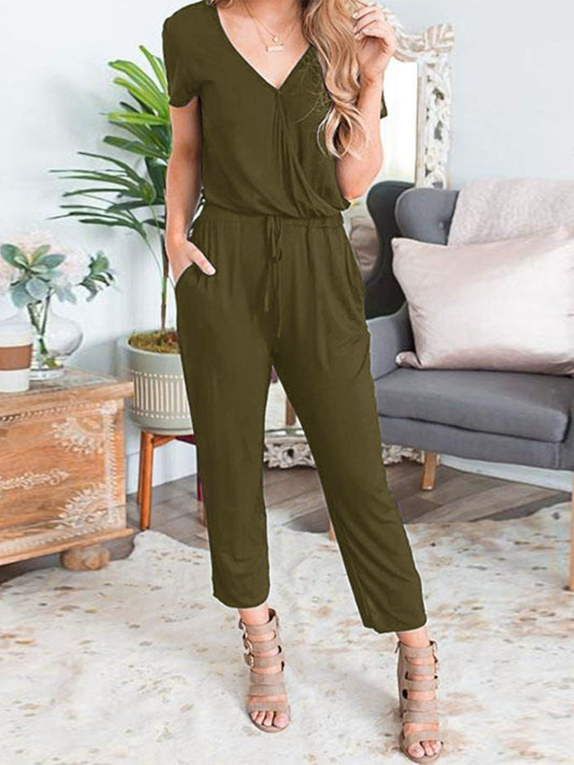 Drawstring Surplice Short Sleeve Jumpsuit-Angel Casuals