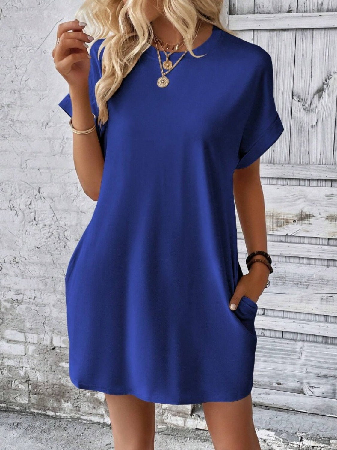 Pocketed Round Neck Short Sleeve Dress-Angel Casuals