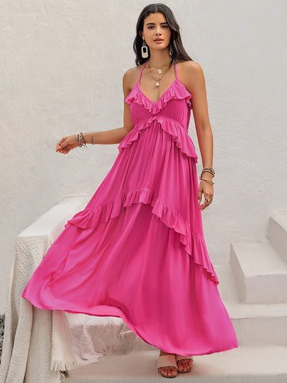 Ruffled Halter Neck Maxi Dress-Angel Casuals