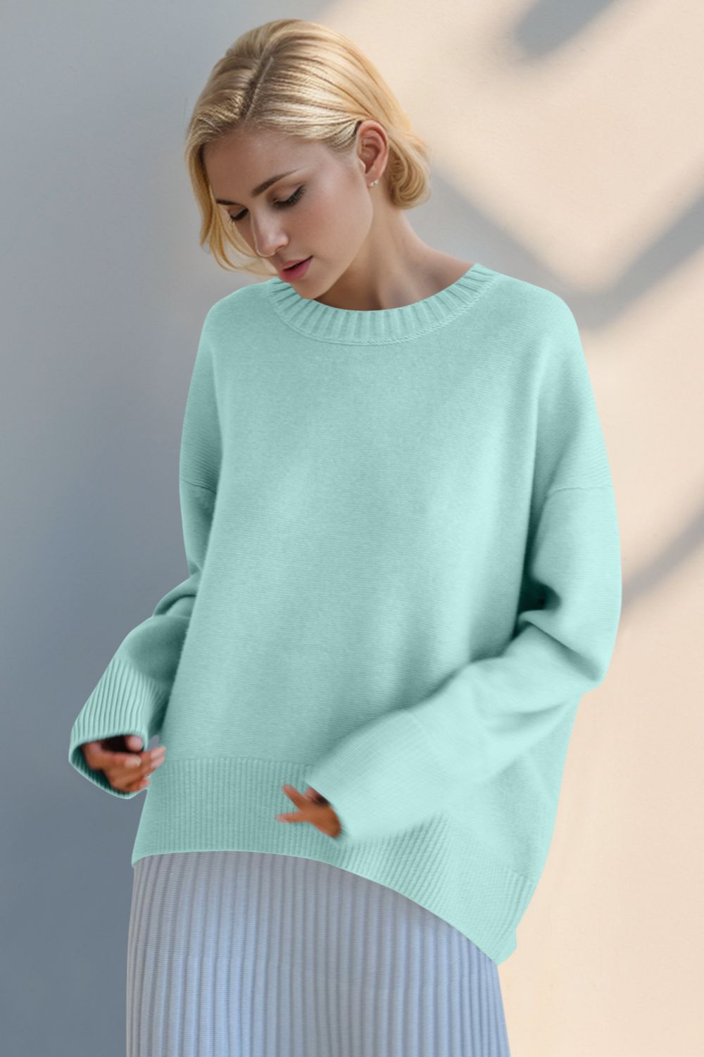 Basic Bae Round Neck Dropped Shoulder Sweater-Angel Casuals