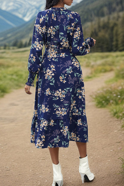 Printed Notched Lantern Sleeve Midi Dress-Angel Casuals