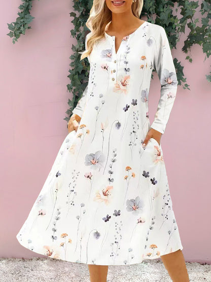 Floral Notched Long Sleeve Midi Dress-Angel Casuals