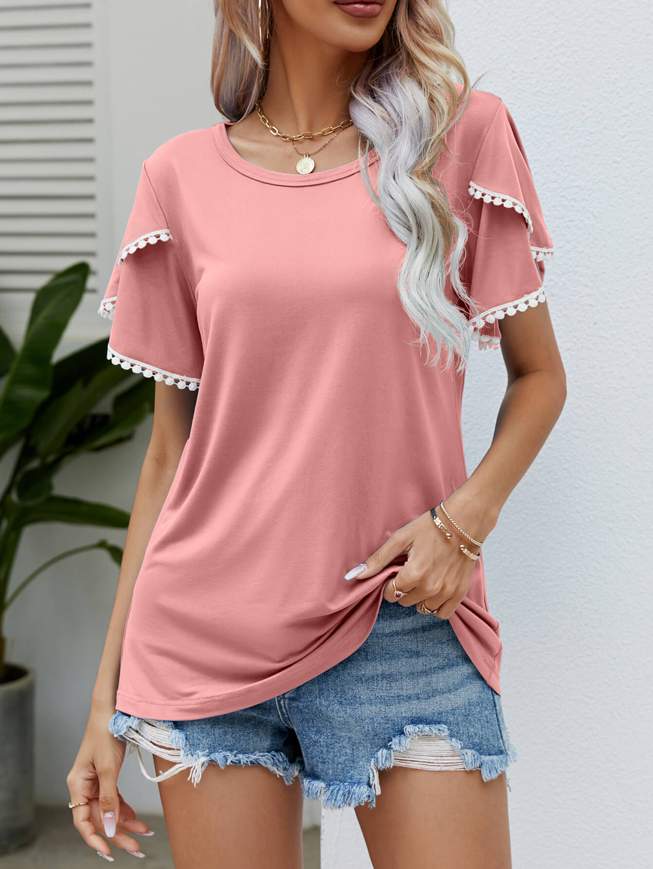 Pom-Pom Trim Flutter Sleeve Round Neck Tee-Angel Casuals