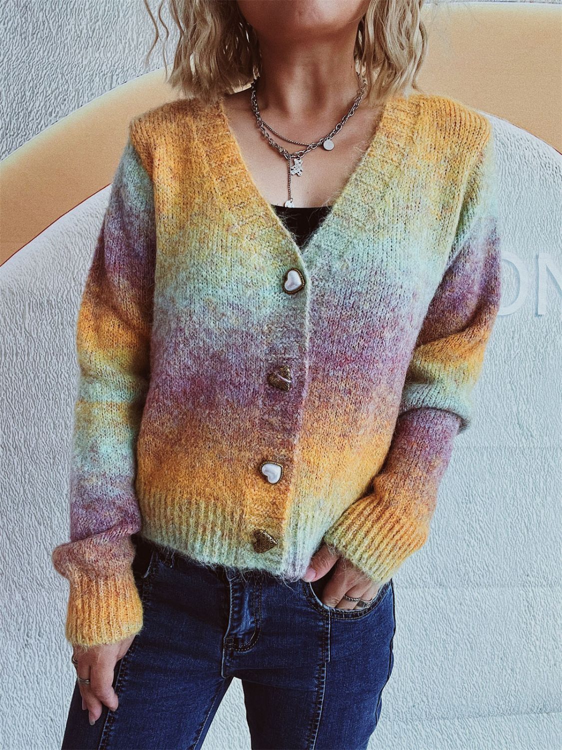 Gradient Heart Shape Button V-Neck Cardigan-Angel Casuals