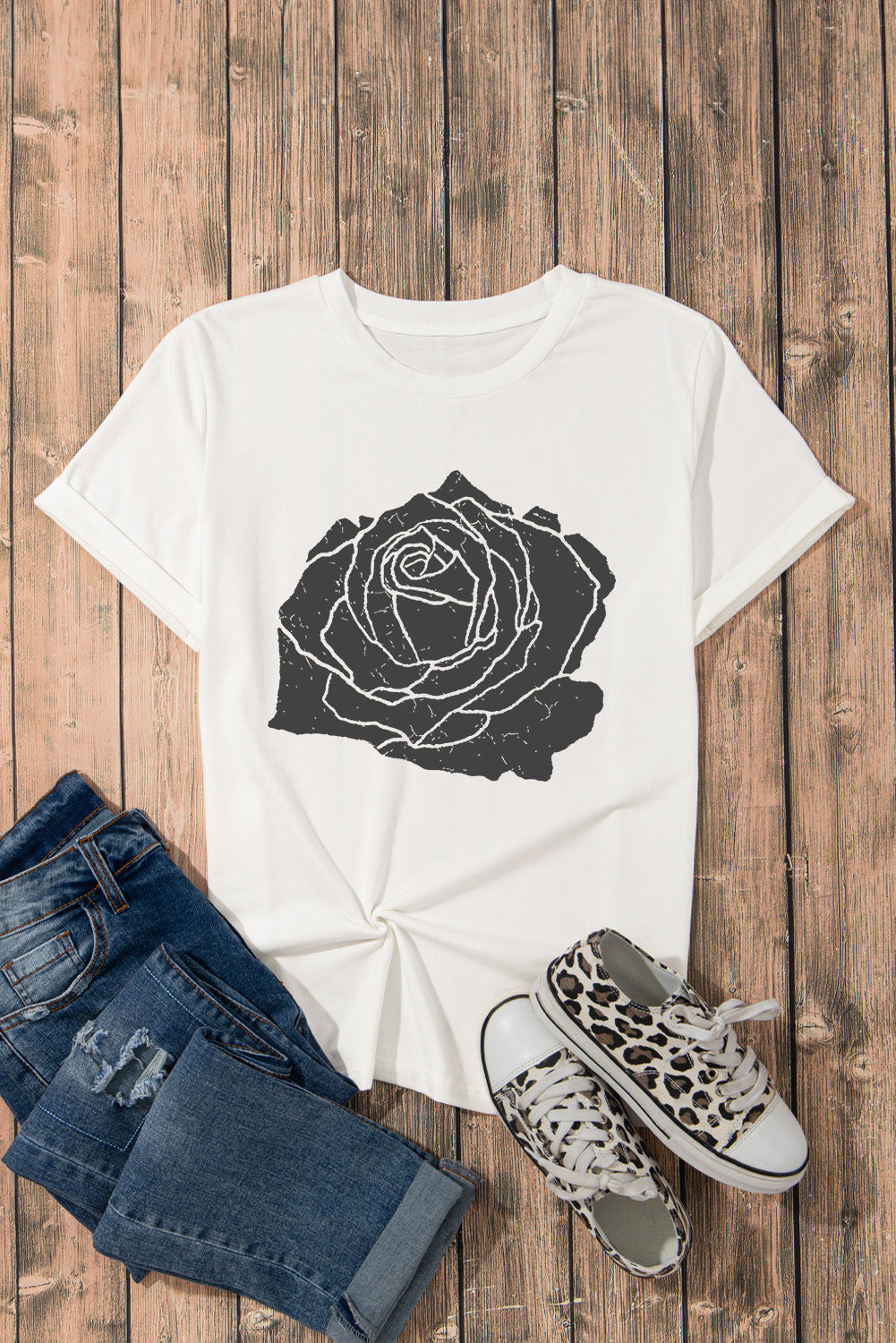 Rose Graphic Round Neck Short Sleeve T-Shirt-Angel Casuals