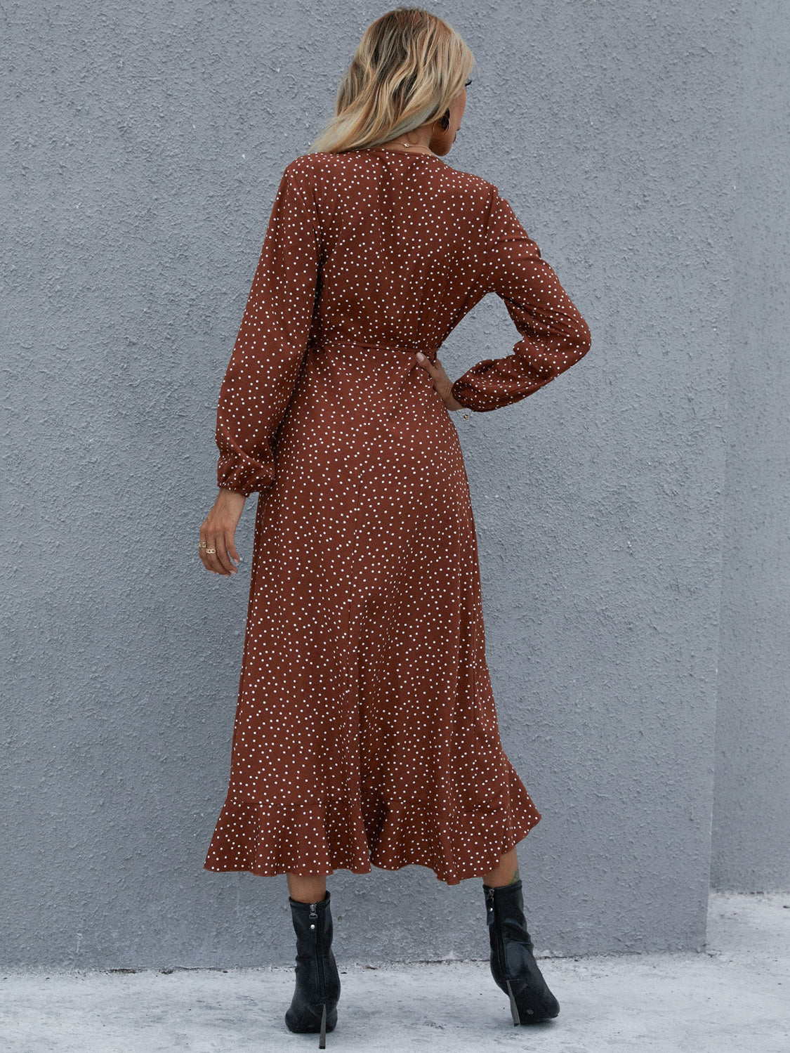 Surplice Neck Ruffled Midi Dress-Angel Casuals