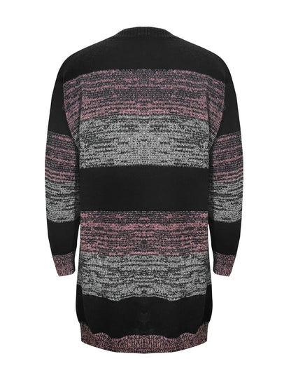 Striped Open Front Long Sleeve Cardigan with Pockets-Angel Casuals