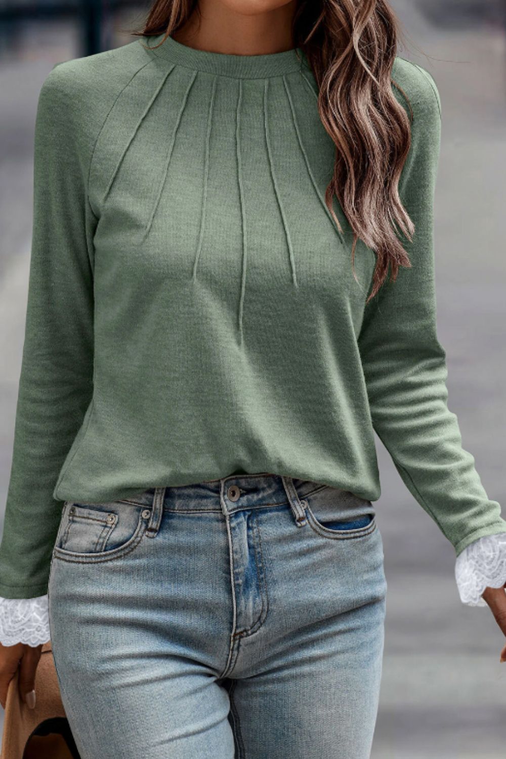 Lace Detail Round Neck Long Sleeve T-Shirt-Angel Casuals