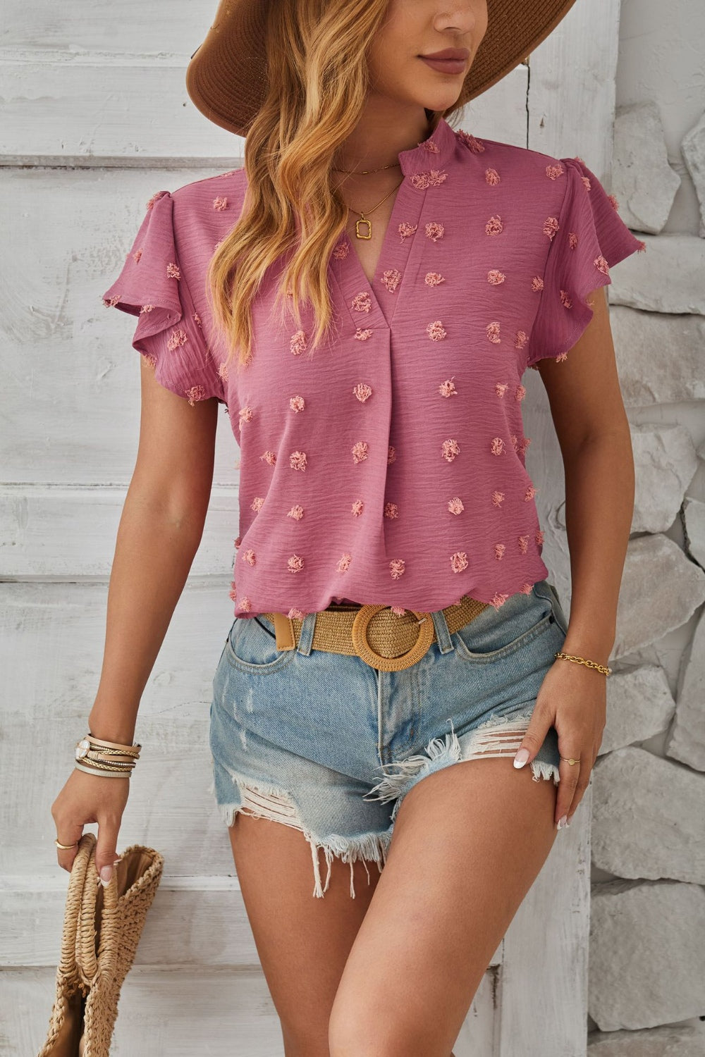 Swiss Dot Notched Cap Sleeve T-Shirt-Angel Casuals