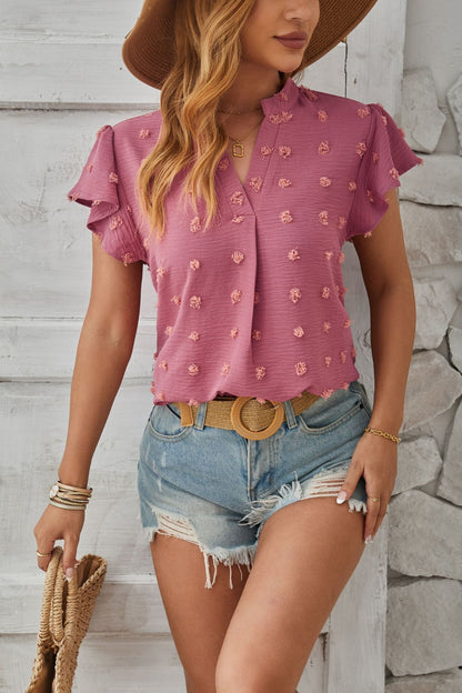 Swiss Dot Notched Cap Sleeve T-Shirt-Angel Casuals