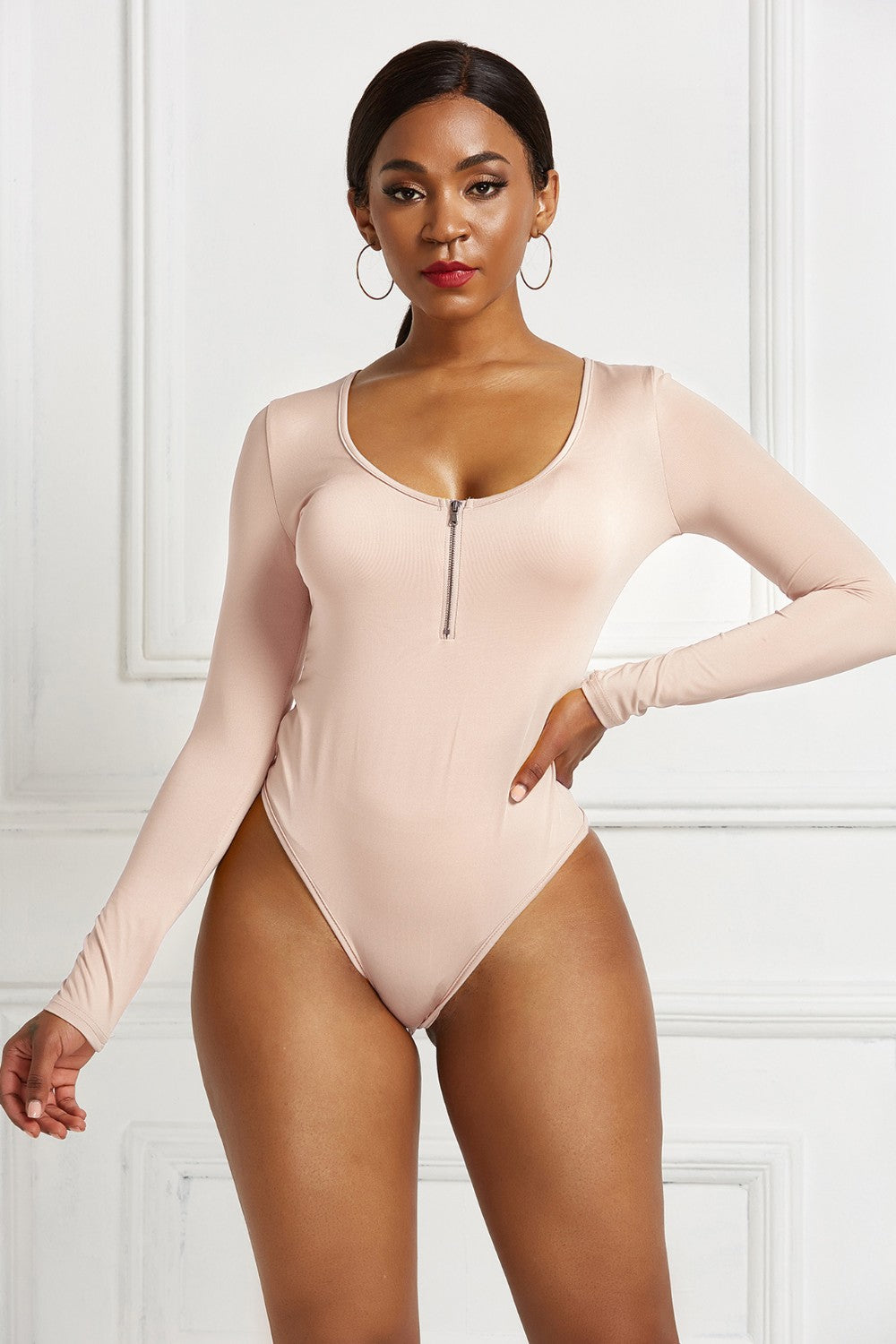 Half Zip Scoop Neck Long Sleeve Bodysuit-Angel Casuals