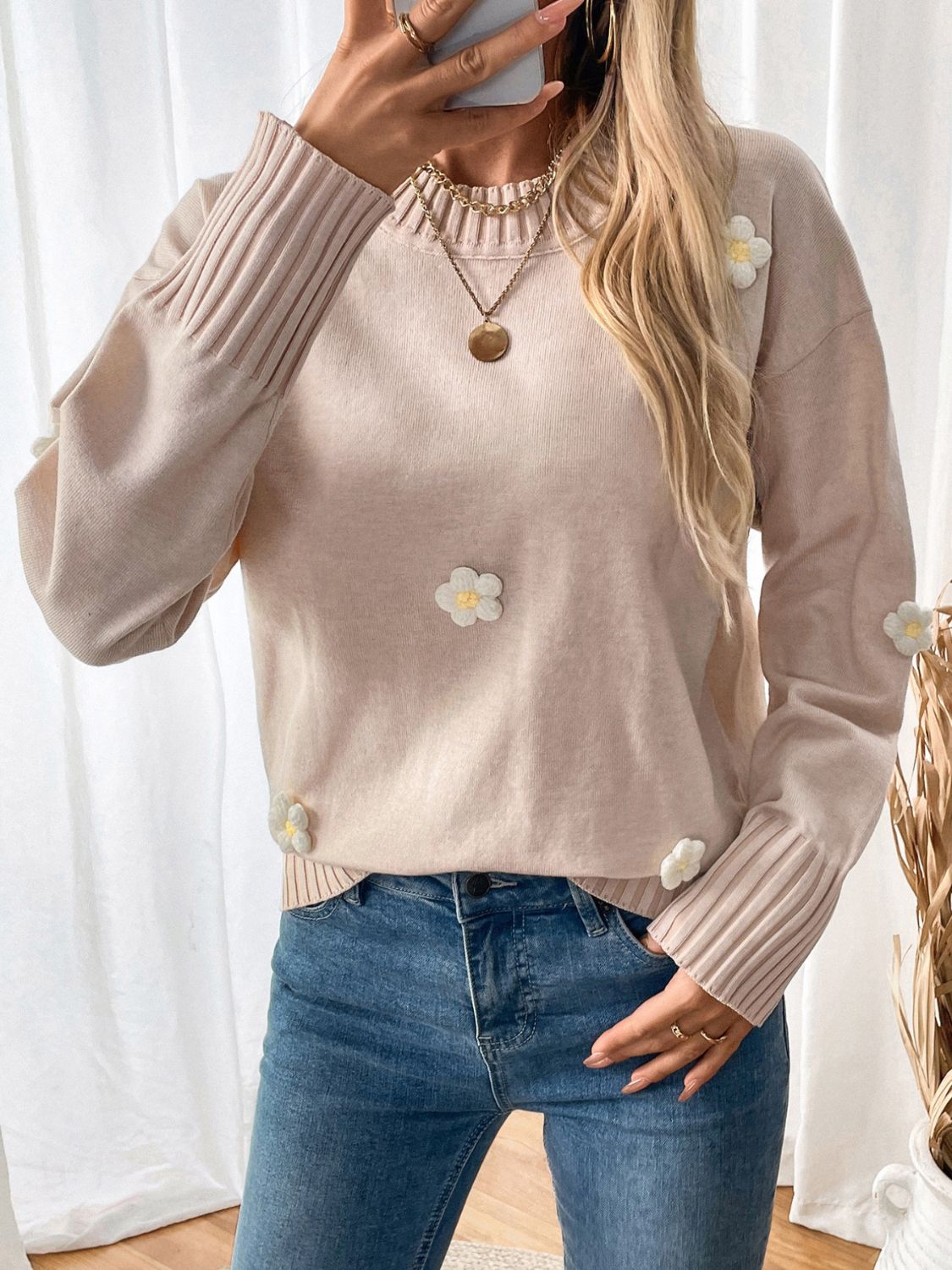 Perfee Flower Round Neck Long Sleeve Sweater-Angel Casuals