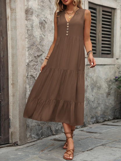 Decorative Button Notched Sleeveless Dress-Angel Casuals