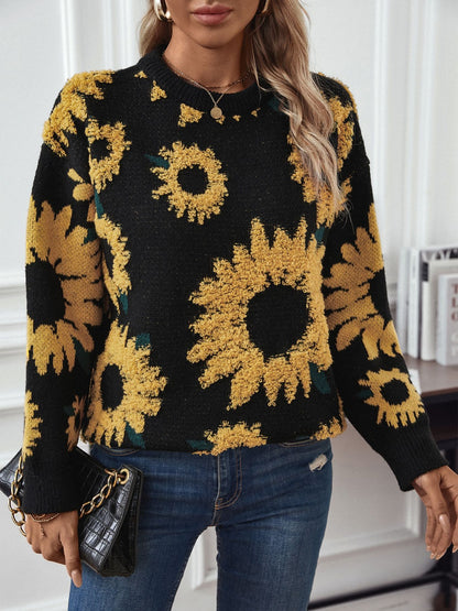 Sunflower Round Neck Long Sleeve Sweater-Angel Casuals