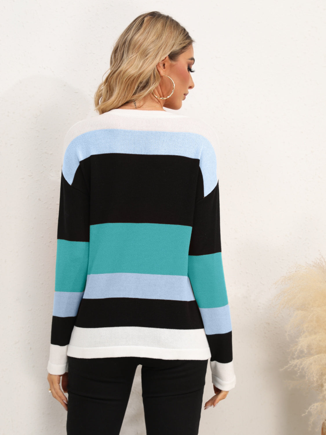 Striped Round Neck Dropped Shoulder Sweater-Angel Casuals