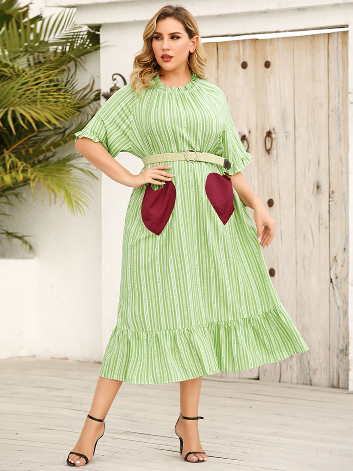 Plus Size Frill Heart Striped Half Sleeve Dress-Angel Casuals