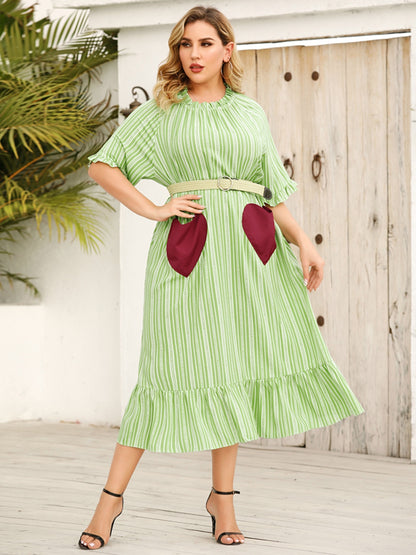 Plus Size Frill Heart Striped Half Sleeve Dress-Angel Casuals