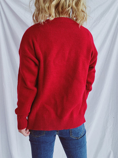 Contrast Star Round Neck Long Sleeve Sweater-Angel Casuals