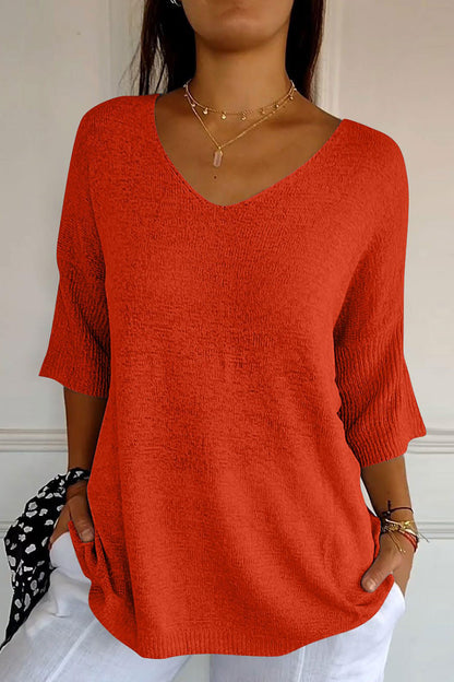 V-Neck Three-Quarter Sleeve Knit Top-Angel Casuals