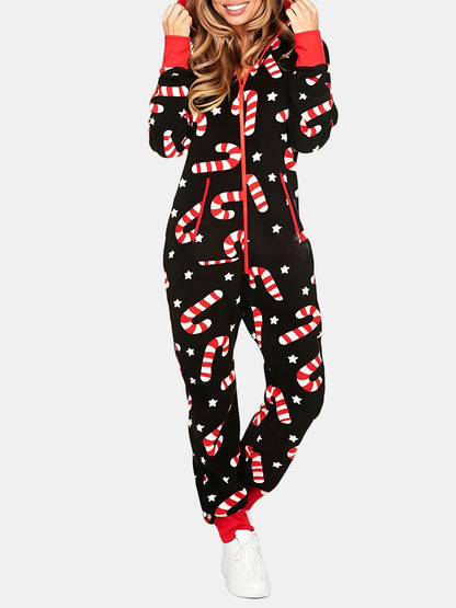 Printed Zip Up Long Sleeve Hooded Jumpsuit-Angel Casuals