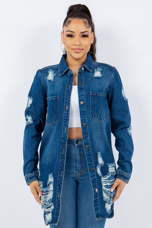 American Bazi Distressed Button Up Long Sleeve Denim Jacket-Angel Casuals