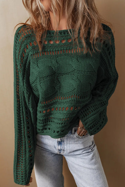 Cable-Knit Openwork Long Sleeve Sweater-Angel Casuals