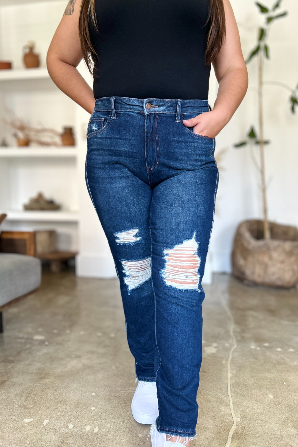 Judy Blue Full Size High Waist Rigid Magic Heavy Destroy Straight Jeans-Angel Casuals