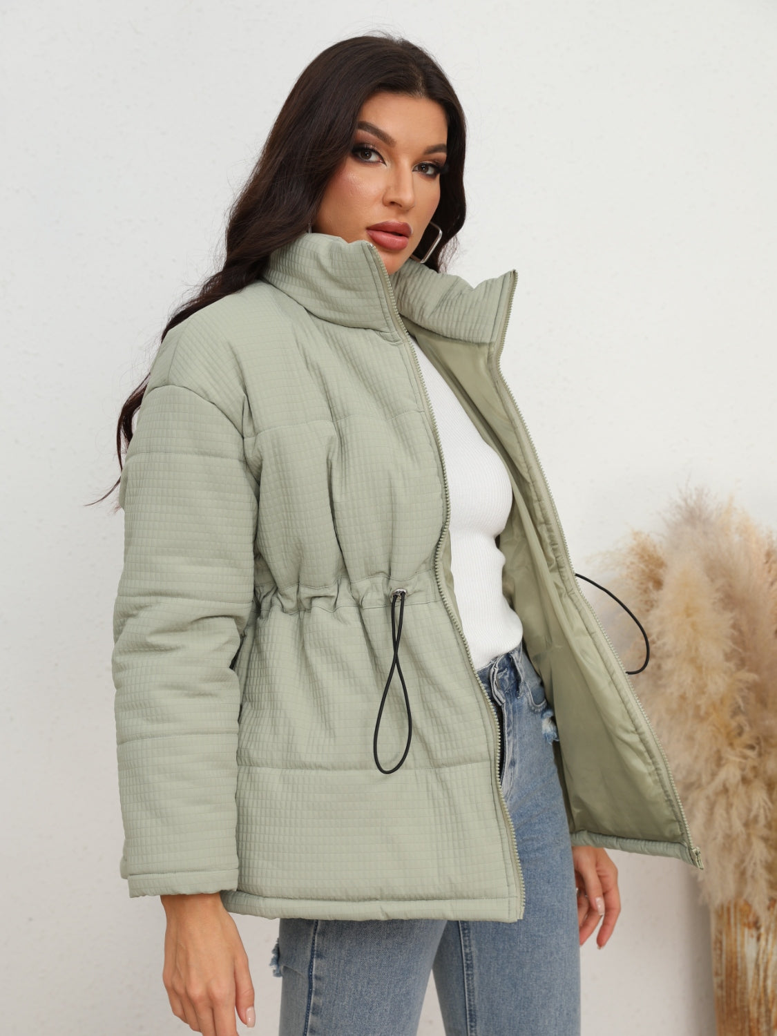 Drawstring Waist Zip-Up Puffer Jacket-Angel Casuals