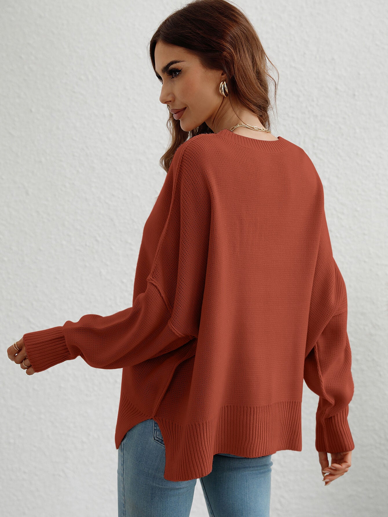 Exposed Seam Dropped Shoulder Slit Sweater-Angel Casuals