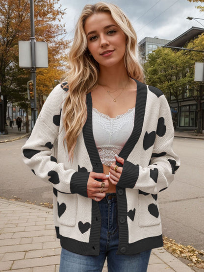 Heart Button Up Dropped Shoulder Long Sleeve Cardigan-Angel Casuals