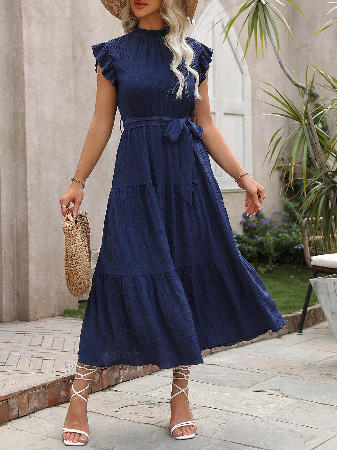 Tied Ruffled Cap Sleeve Midi Dress-Angel Casuals