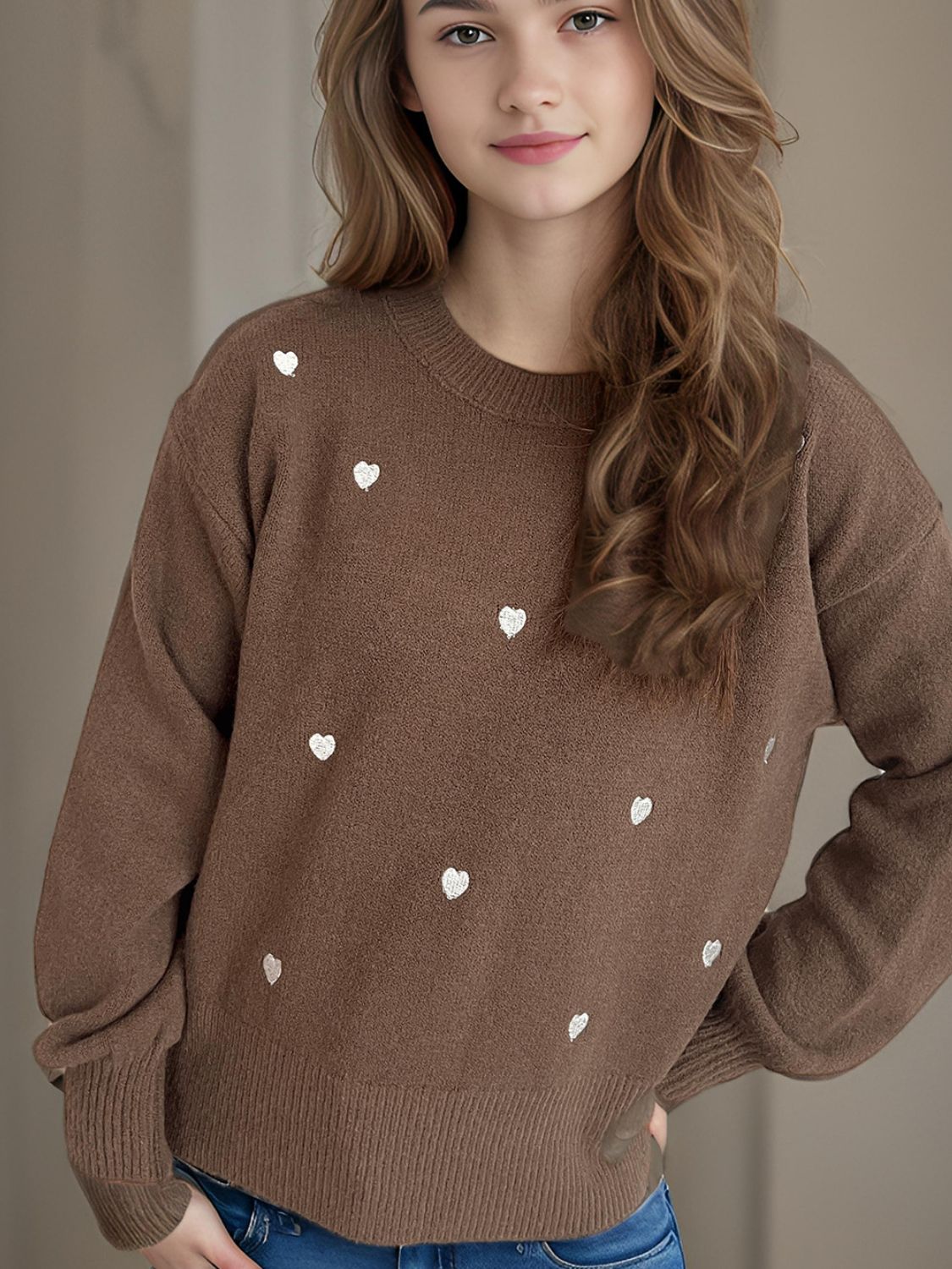 Heart Round Neck Long Sleeve Sweater-Angel Casuals