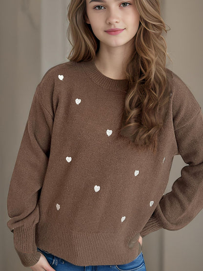 Heart Round Neck Long Sleeve Sweater-Angel Casuals