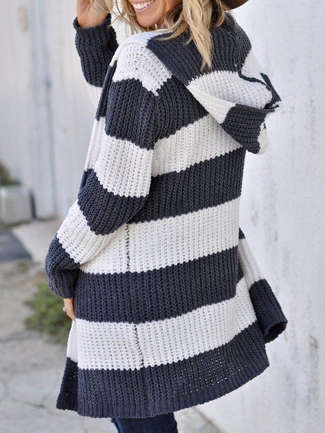 Striped Open Front Hooded Cardigan-Angel Casuals