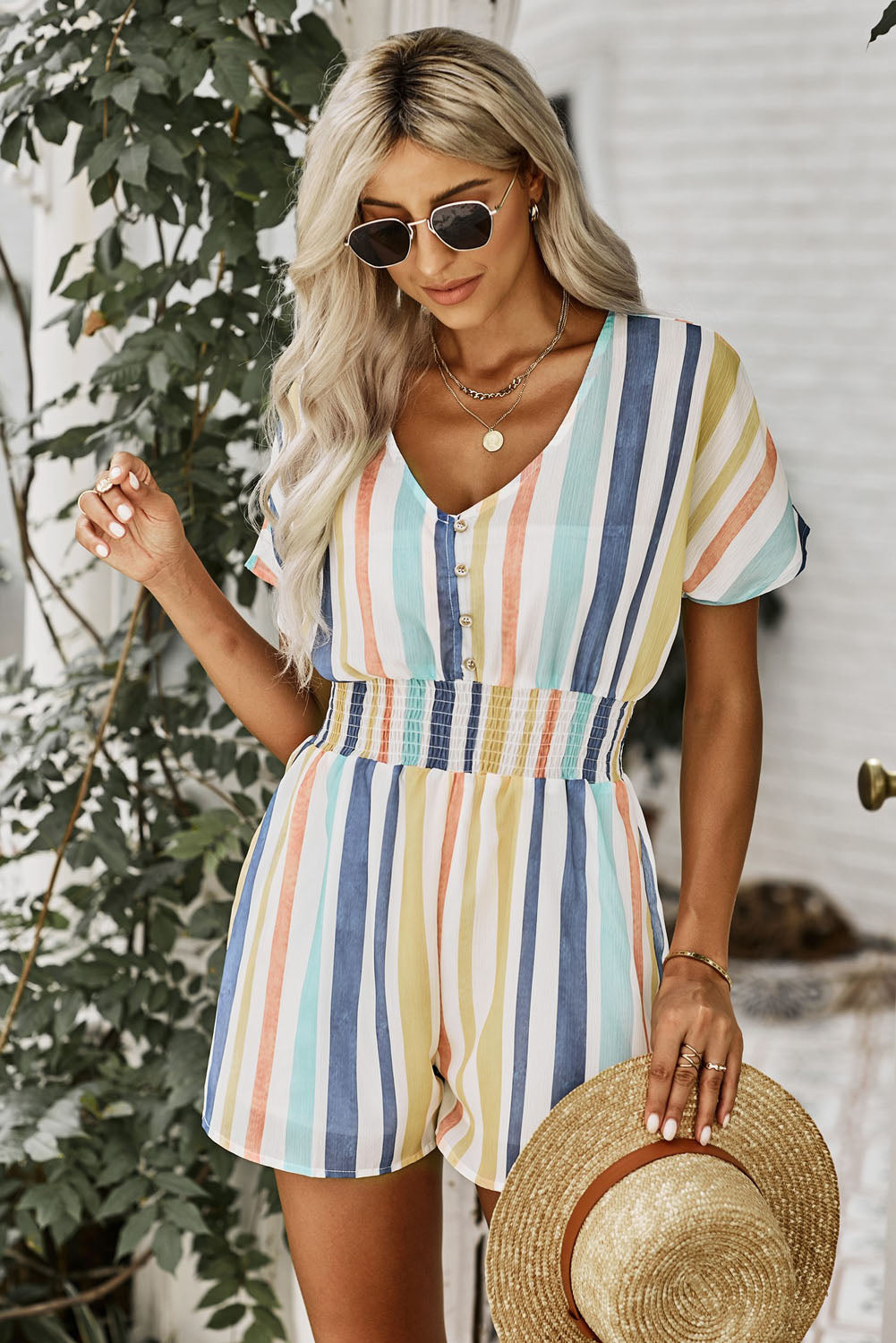 Multicolored Stripe V-Neck Smocked Waist Romper-Angel Casuals