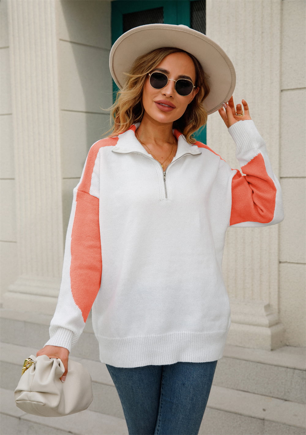 Angel Wings Two-Tone Collared Neck Dropped Shoulder Knit Top-Angel Casuals