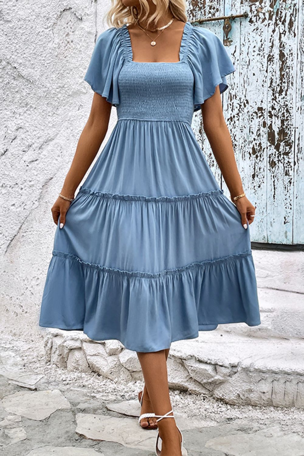 Smocked Square Neck Frill Trim Dress-Angel Casuals